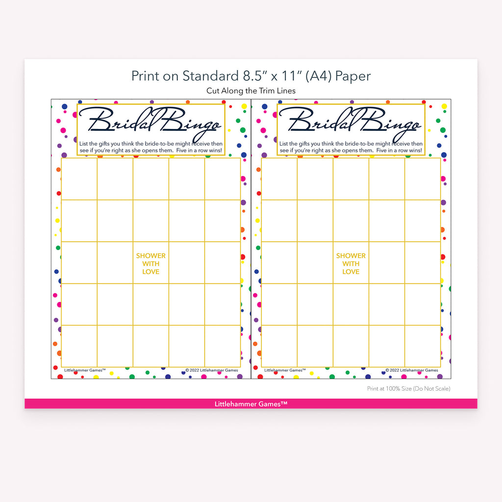 Rainbow polka dot Bridal Gift Bingo game cards with printing instructions