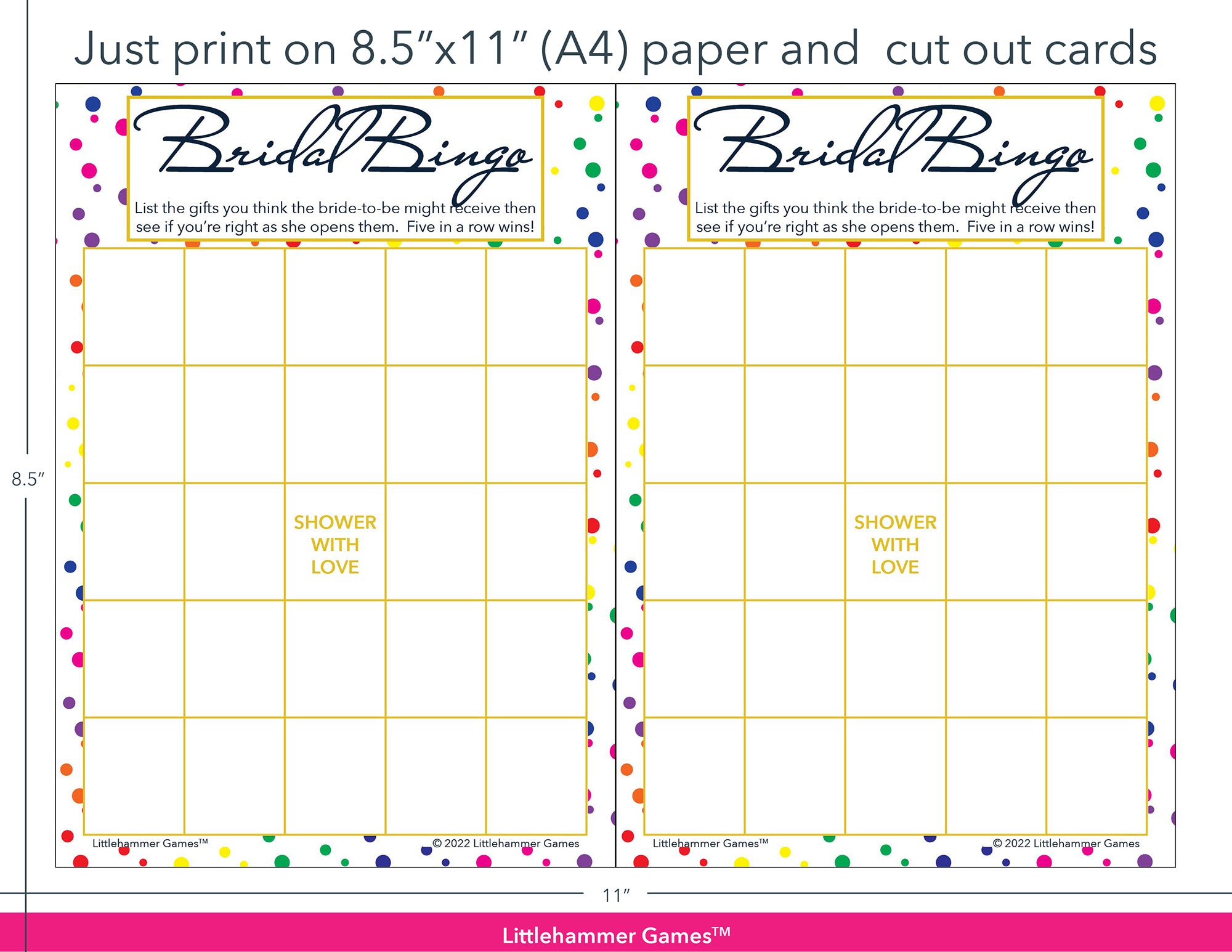 Rainbow polka dot Bridal Gift Bingo game cards with printing instructions