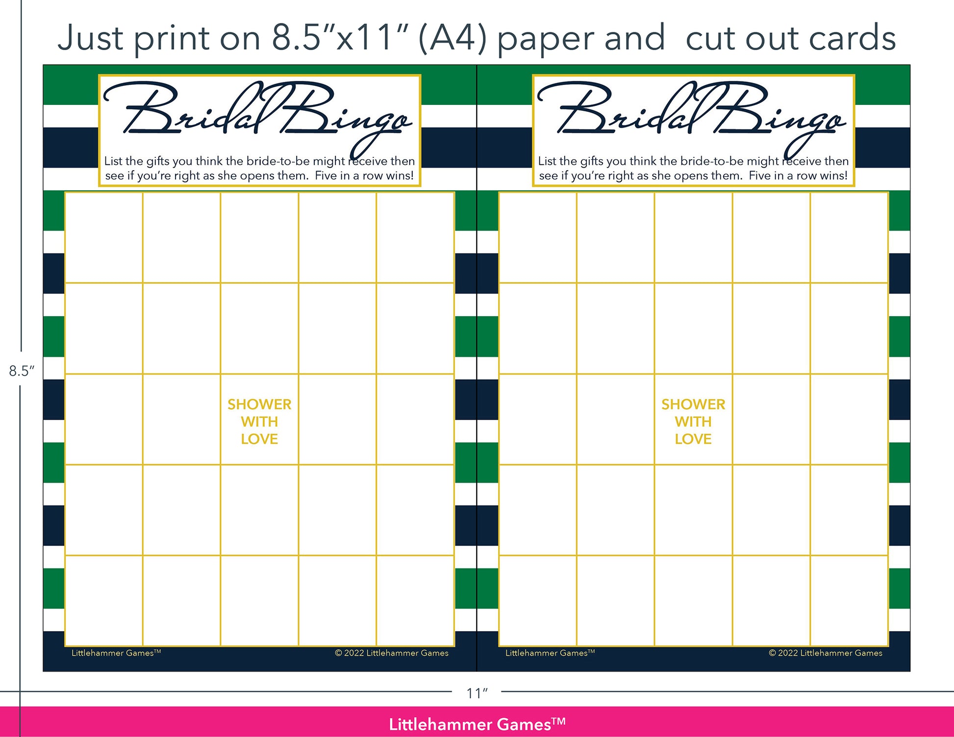 Green and navy-striped Bridal Gift Bingo game cards with printing instructions