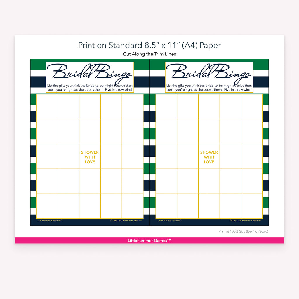 Printable green and blue striped Bridal Gift Bingo game card layout showing US Letter size dimensions and printing information