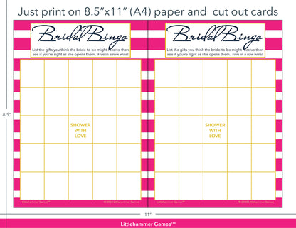 Pink-striped Bridal Gift Bingo game cards with printing instructions