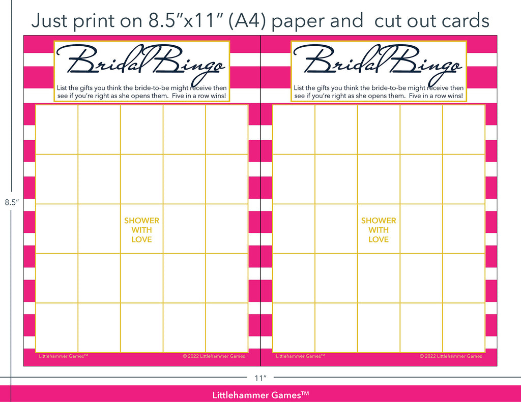 Pink-striped Bridal Gift Bingo game cards with printing instructions