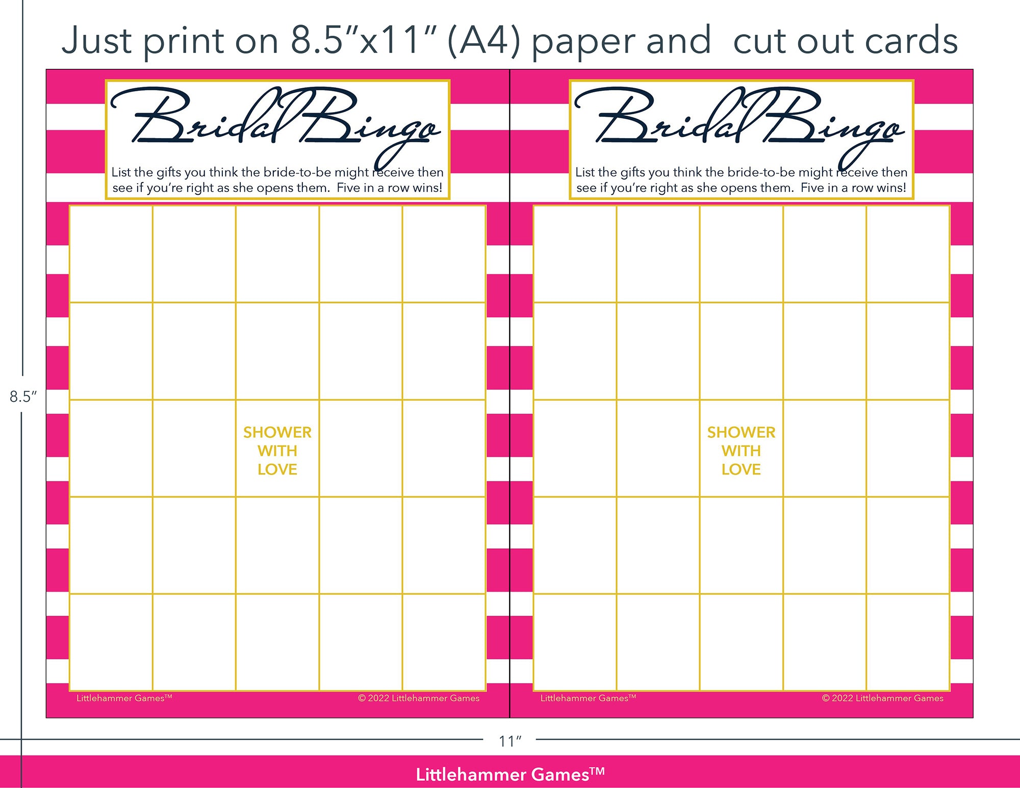 Pink-striped Bridal Gift Bingo game cards with printing instructions