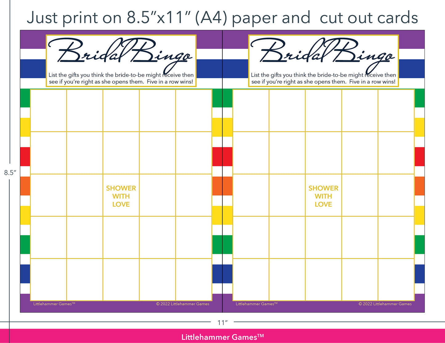 Rainbow-striped Bridal Gift Bingo game cards with printing instructions