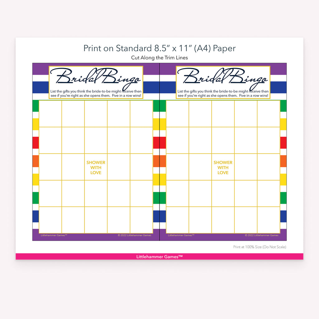 Rainbow-striped Bridal Gift Bingo game cards with printing instructions