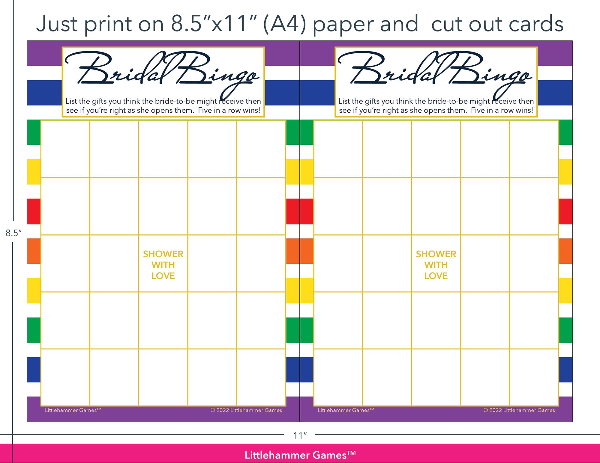 Rainbow-striped Bridal Gift Bingo game cards with printing instructions