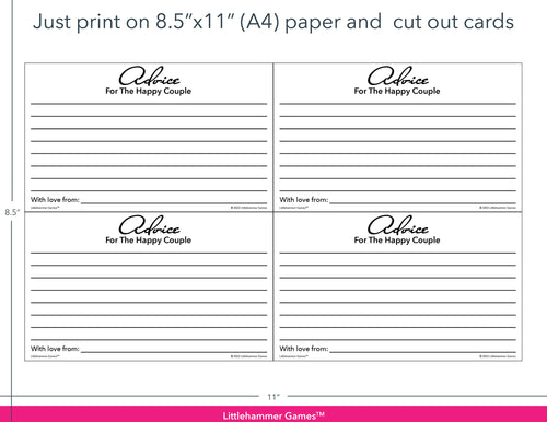 Black and white Advice for the Happy Couple game cards with printing instructions