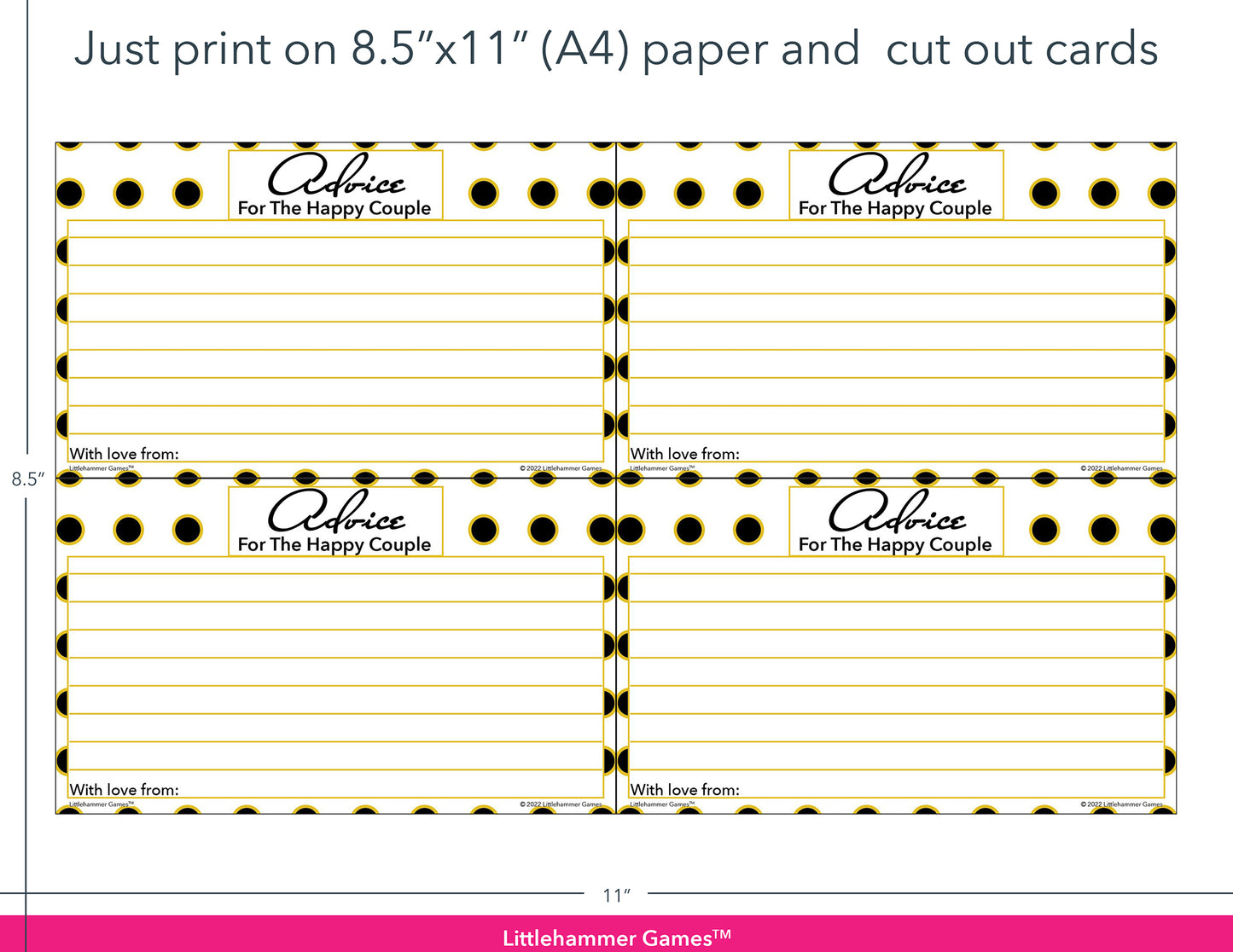 Black and gold polka dot Advice for the Happy Couple game cards with printing instructions