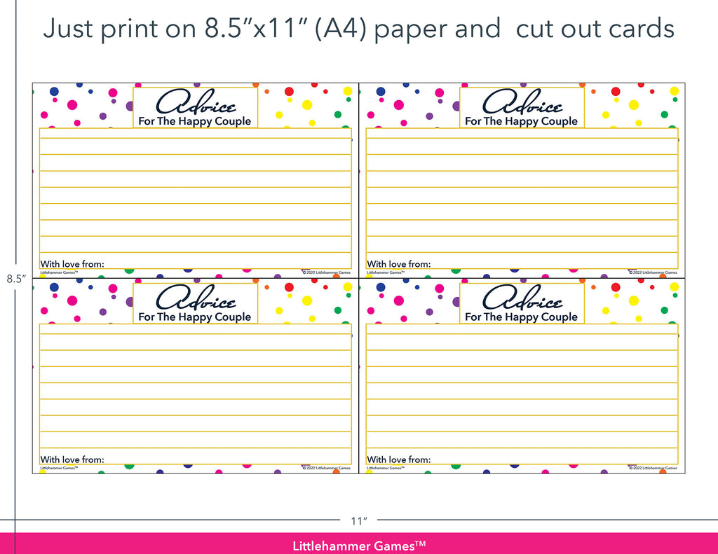 Rainbow polka dot Advice for the Happy Couple game cards with printing instructions