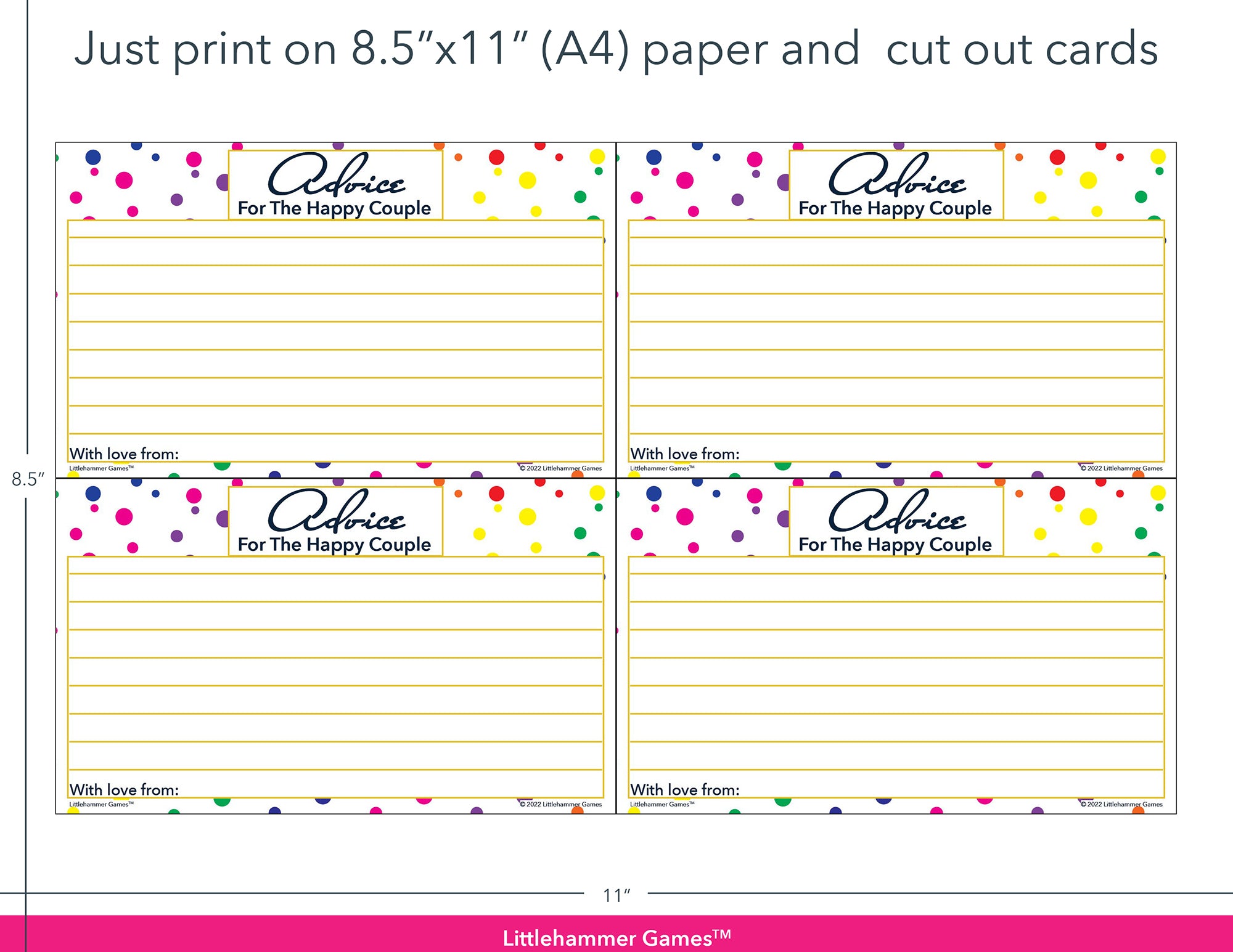 Rainbow polka dot Advice for the Happy Couple game cards with printing instructions