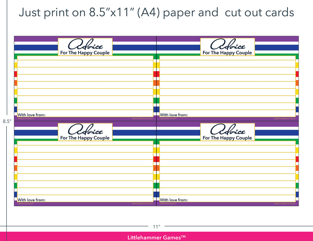 Rainbow-striped Advice for the Happy Couple game cards with printing instructions