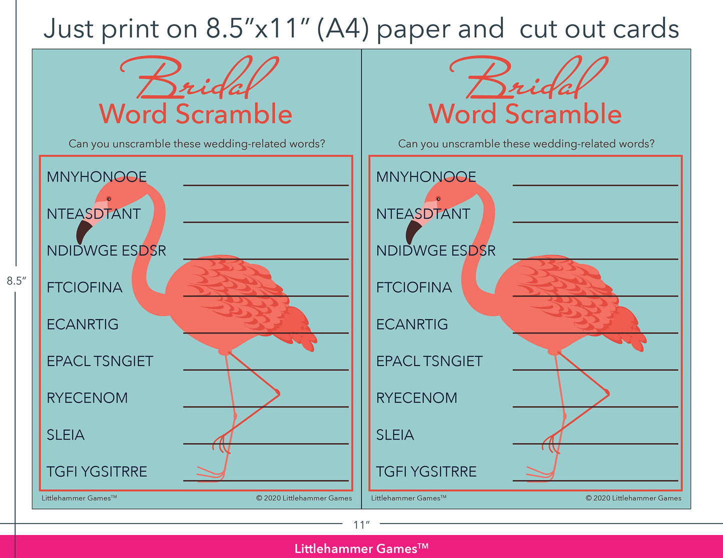 Bridal Word Scramble flamingo game cards with printing instructions