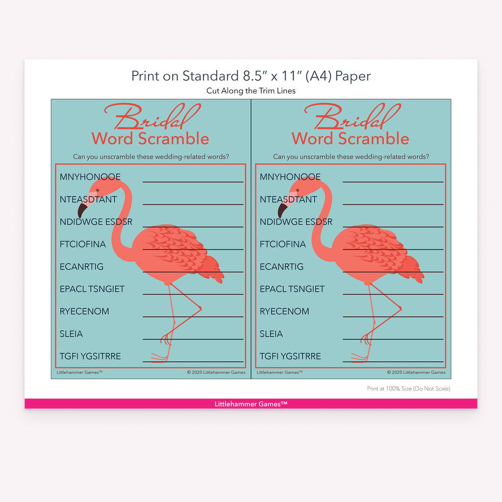 Printable flamingo Bridal Word Scramble game card layout showing US Letter size dimensions and printing information