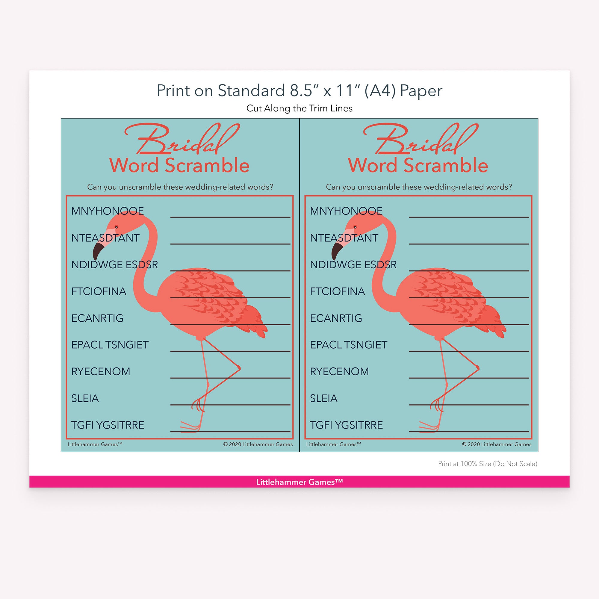 Bridal Word Scramble flamingo game cards with printing instructions