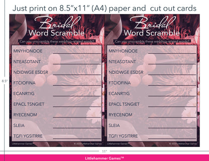 Bridal Word Scramble dark floral game cards with printing instructions