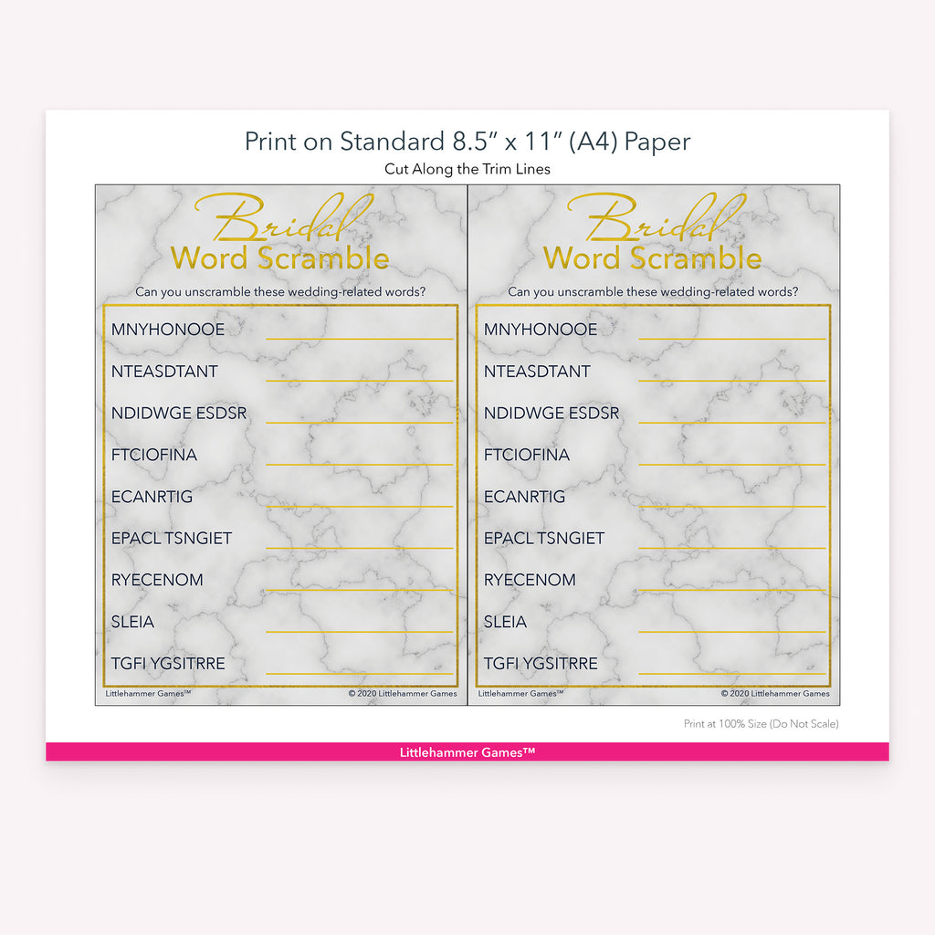 Printable gold and marble Bridal Word Scramble game card layout showing US Letter size dimensions and printing information