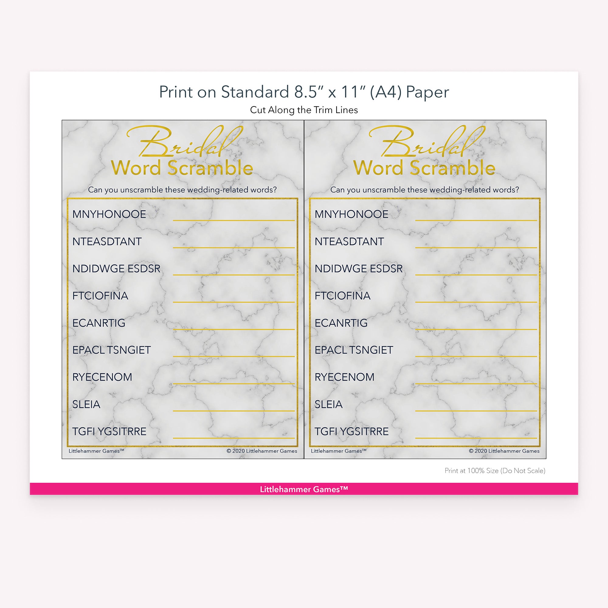 Bridal Word Scramble gold and marble game cards with printing instructions