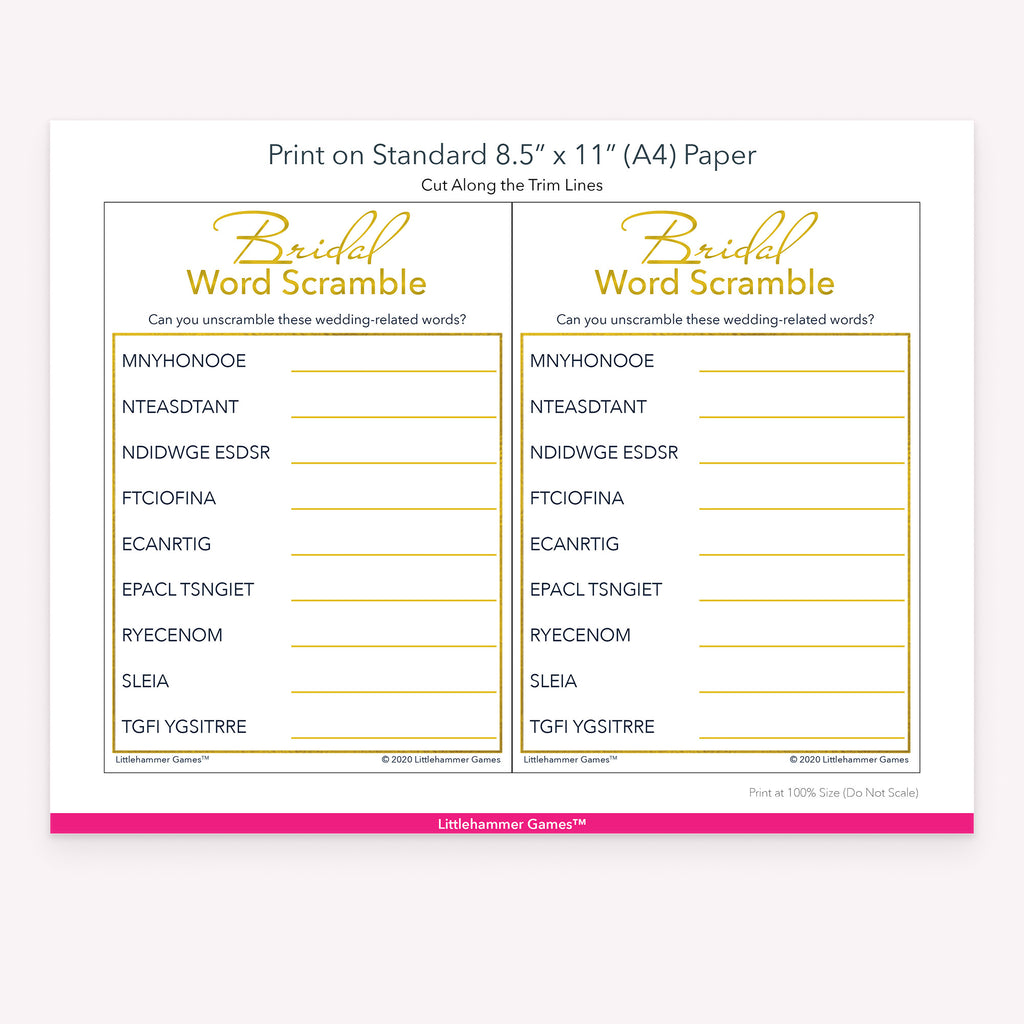 Printable white and gold Bridal Word Scramble game card layout showing US Letter size dimensions and printing information