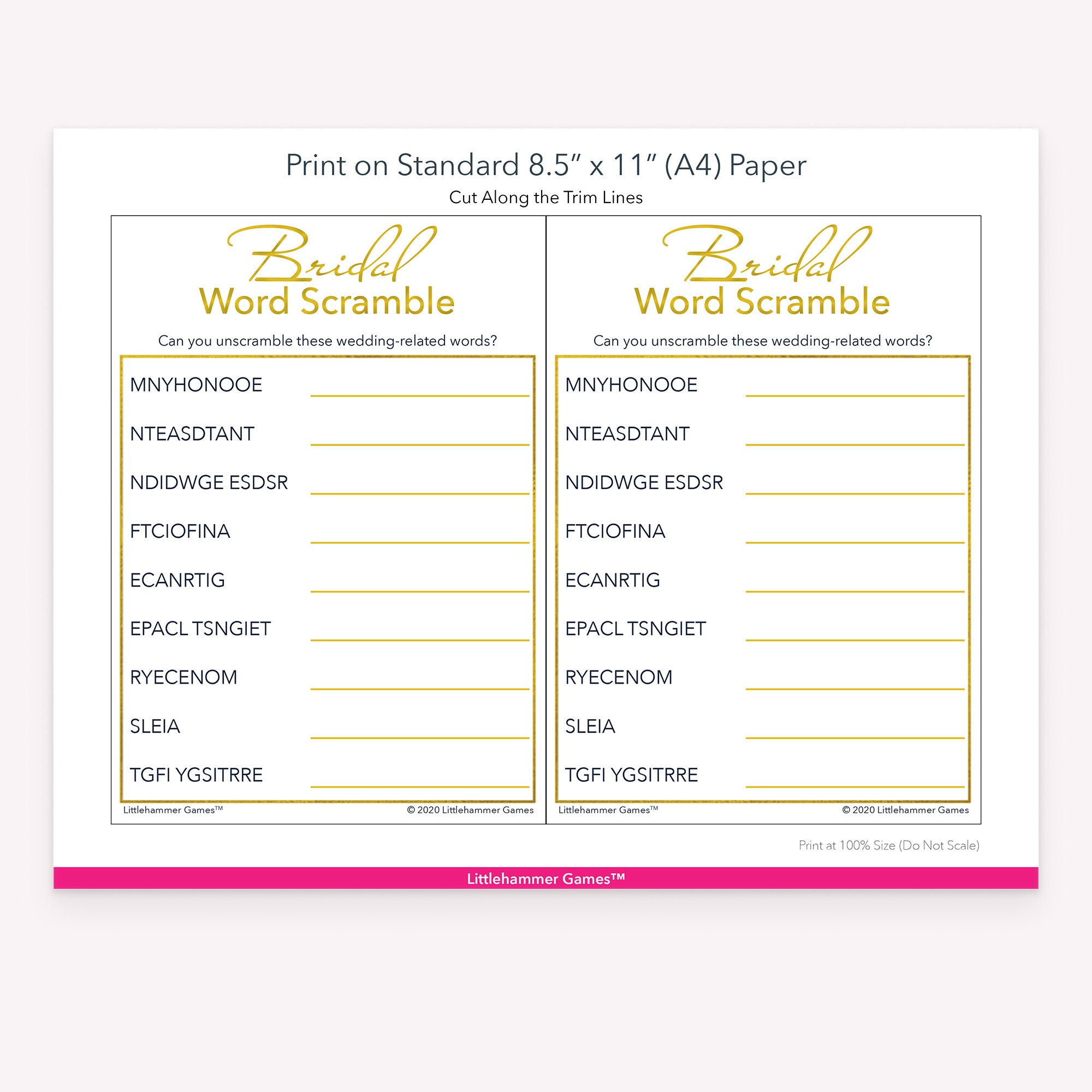 Bridal Word Scramble gold and white game cards with printing instructions
