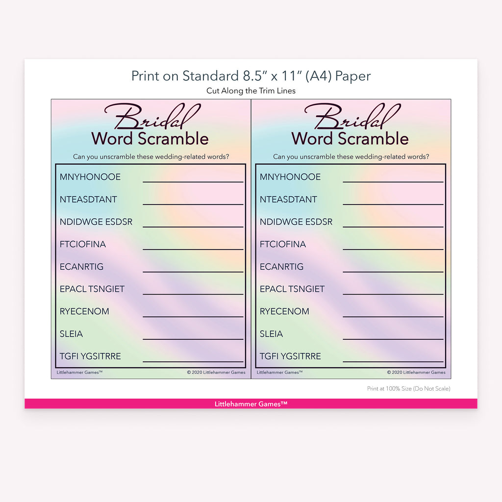 Printable pastel rainbow hologram-themed Bridal Word Scramble game card layout showing US Letter size dimensions and printing information