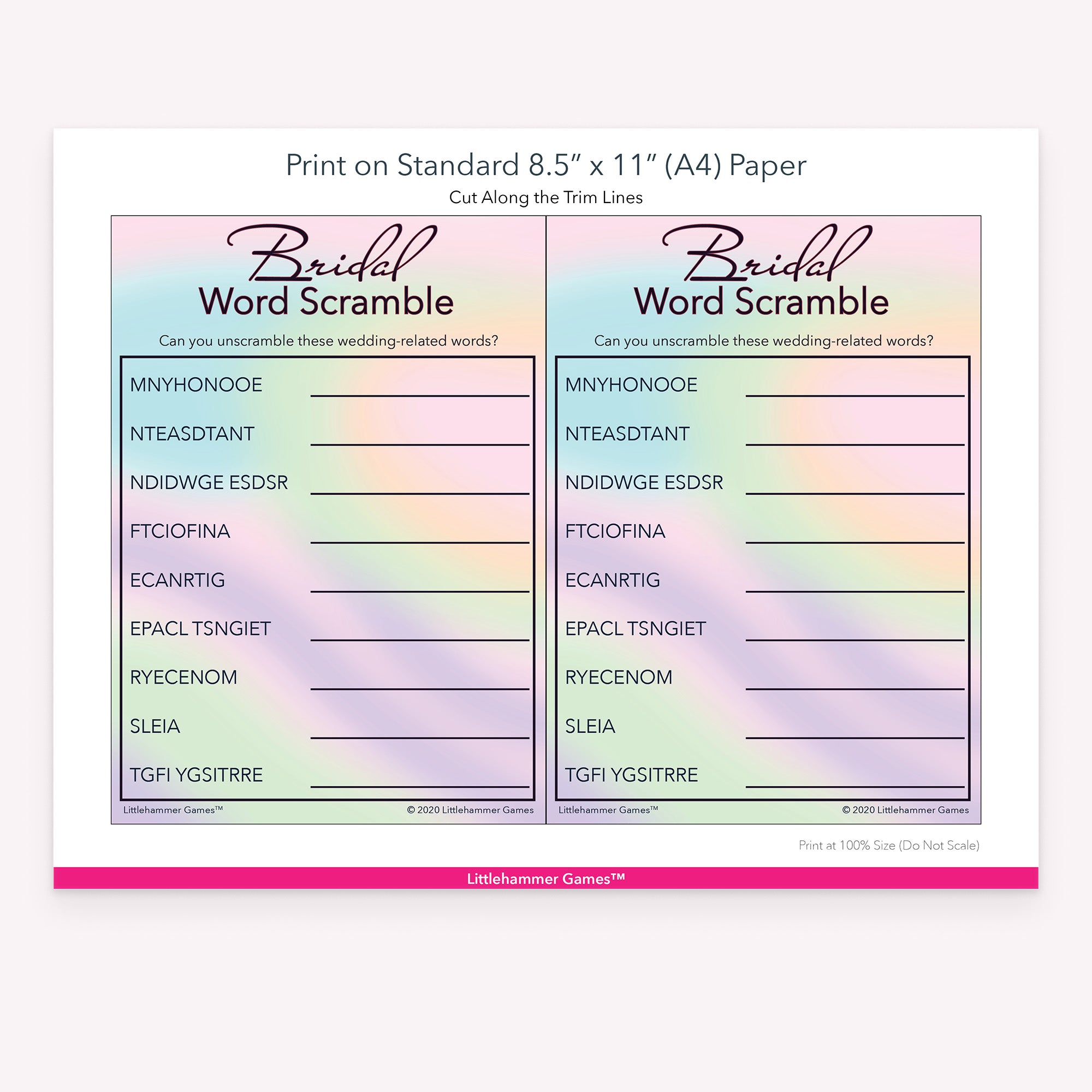Bridal Word Scramble hologram-themed game cards with printing instructions