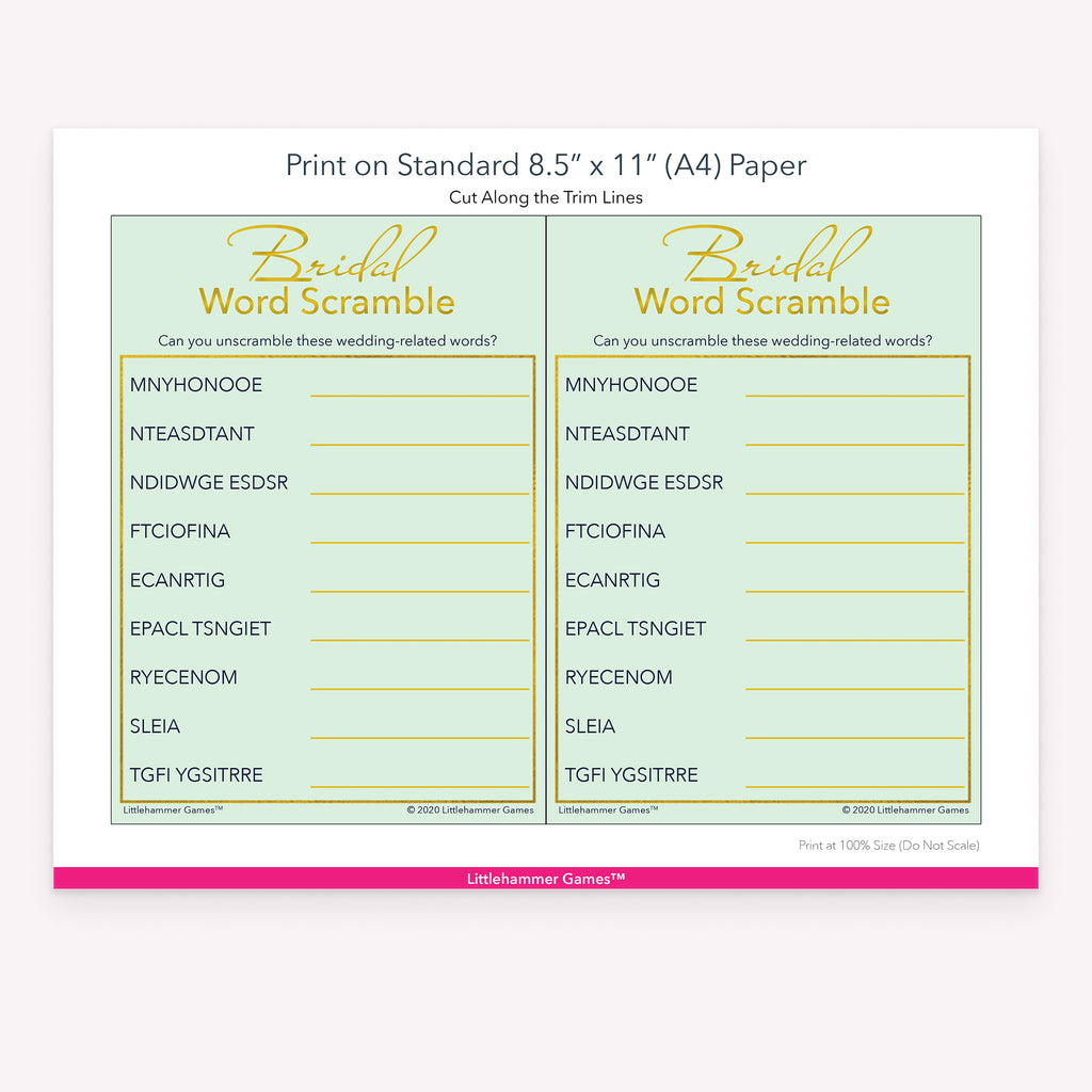 Printable mint and gold Bridal Word Scramble game card layout showing US Letter size dimensions and printing information