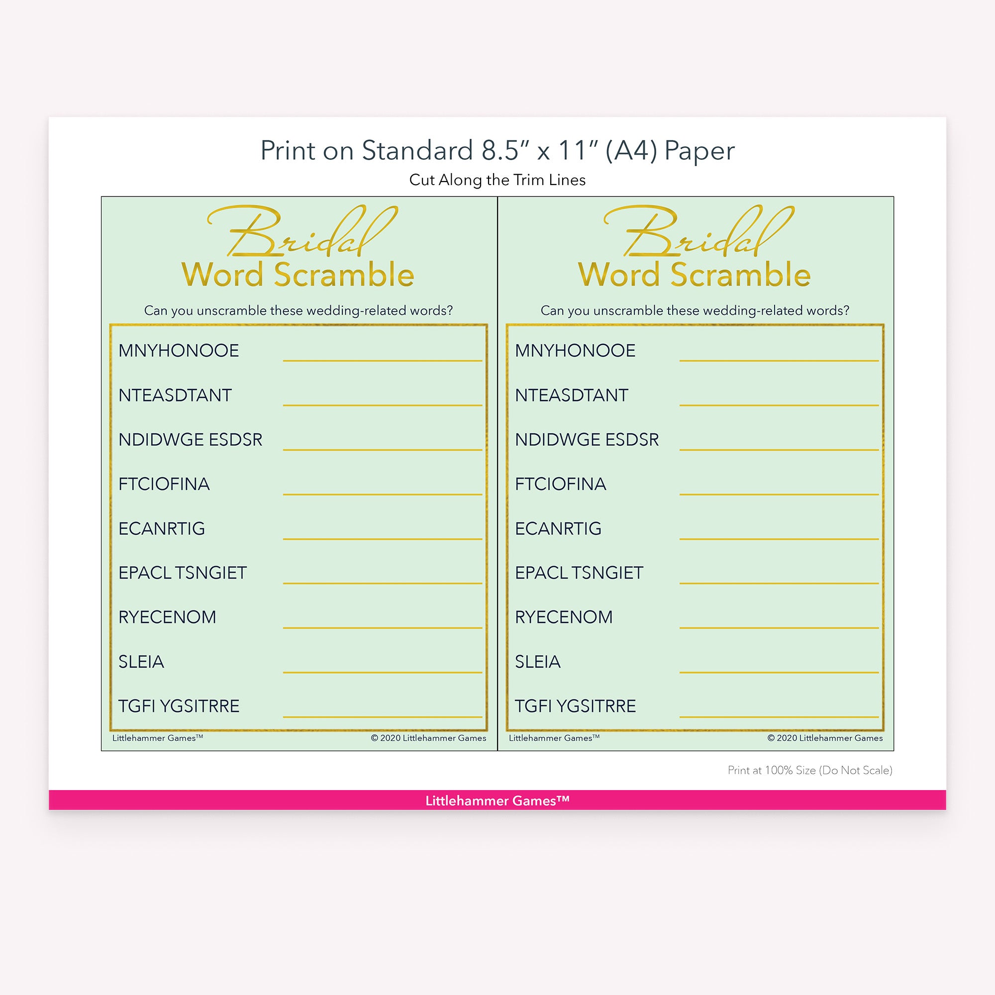 Bridal Word Scramble mint and gold game cards with printing instructions
