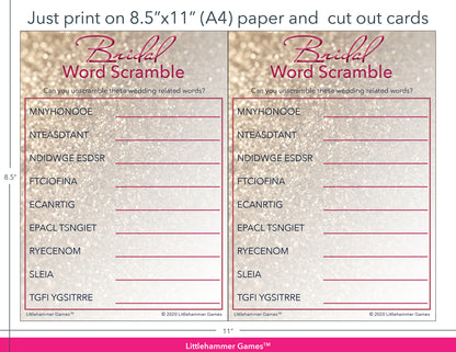 Bridal Word Scramble glittery rose gold game cards with printing instructions