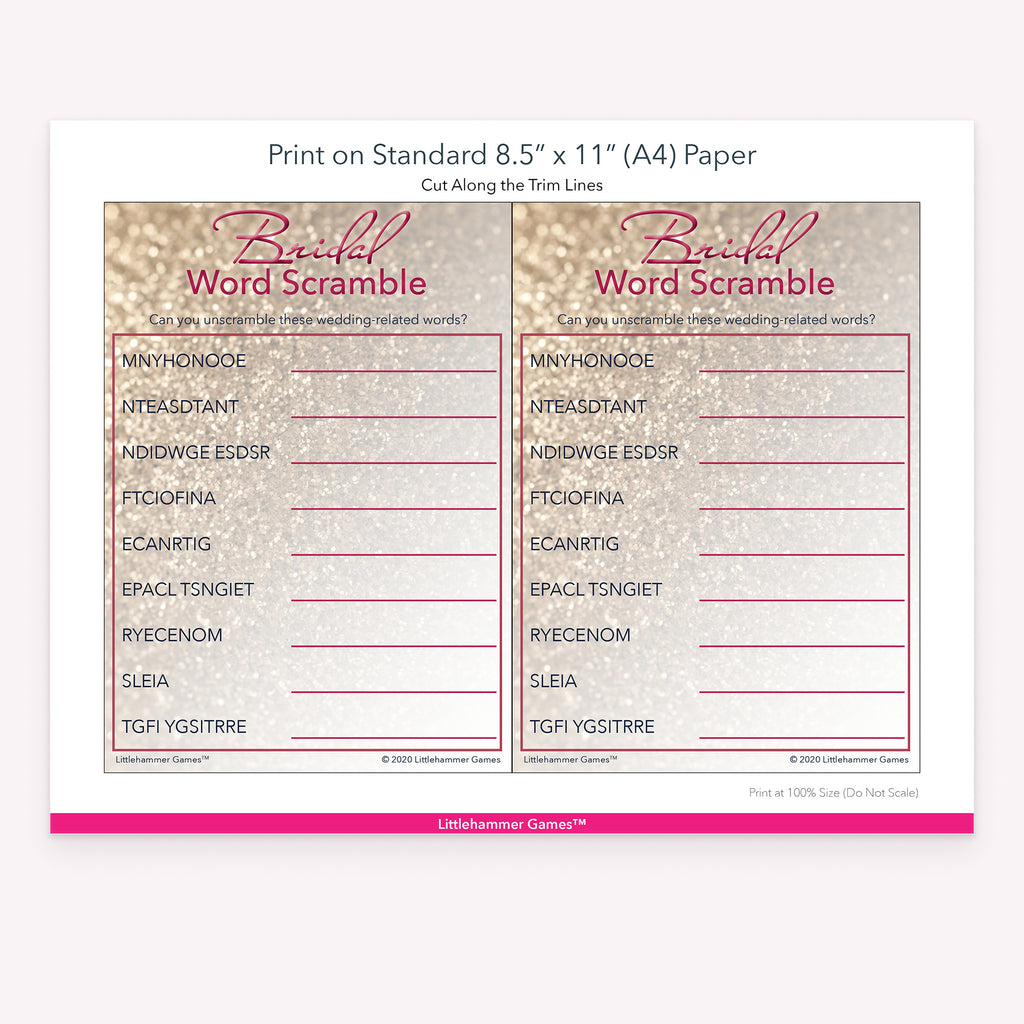 Printable glittery rose gold Bridal Word Scramble game card layout showing US Letter size dimensions and printing information