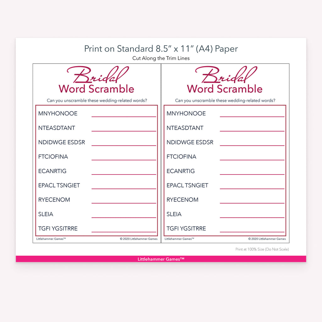Printable rose gold and white Bridal Word Scramble game card layout showing US Letter size dimensions and printing information