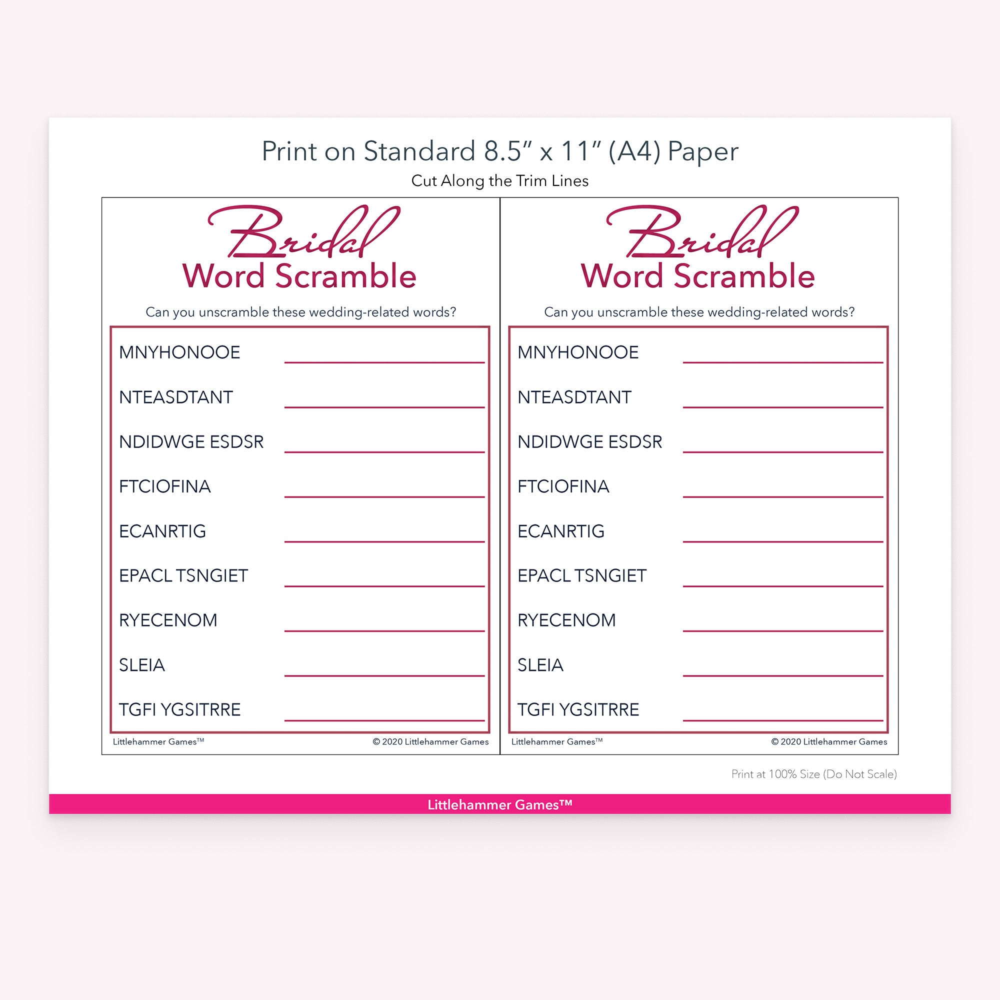 Bridal Word Scramble rose gold and white game cards with printing instructions