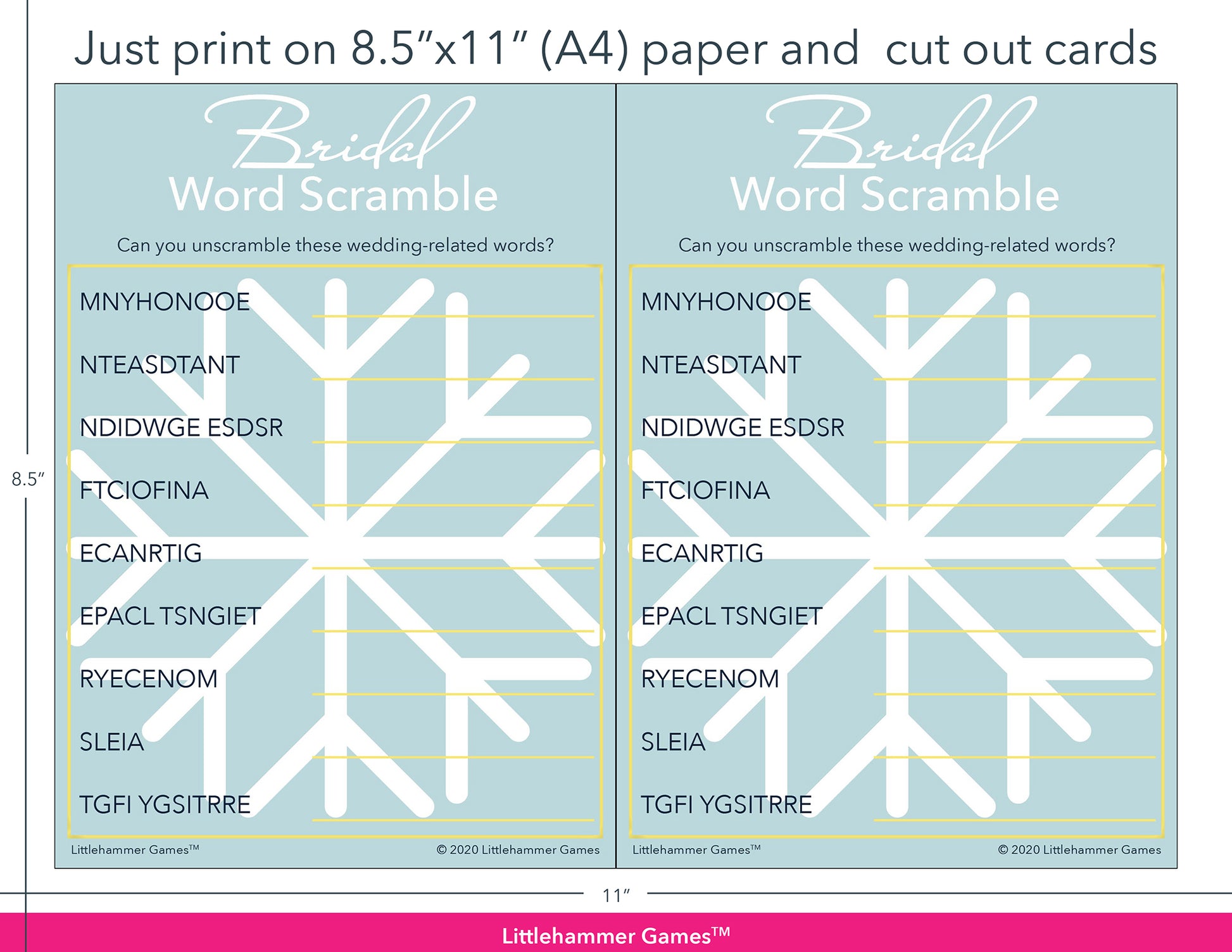 Bridal Word Scramble snowflake game cards with printing instructions