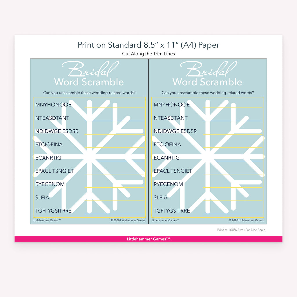 Printable winter snowflake Bridal Word Scramble game card layout showing US Letter size dimensions and printing information
