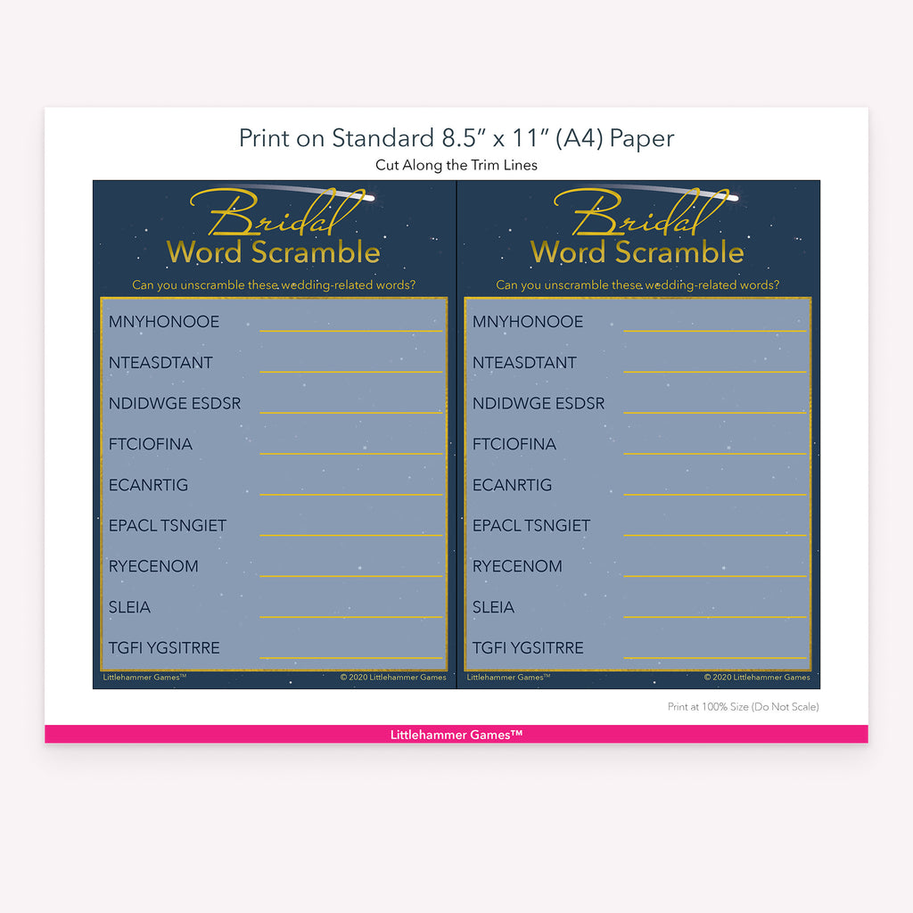 Printable shooting star theme Bridal Word Scramble game card layout showing US Letter size dimensions and printing information
