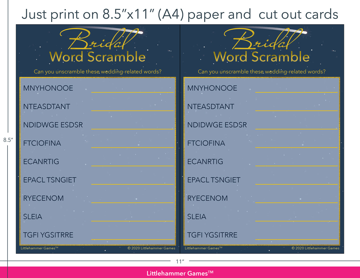 Bridal Word Scramble celestial game cards with printing instructions