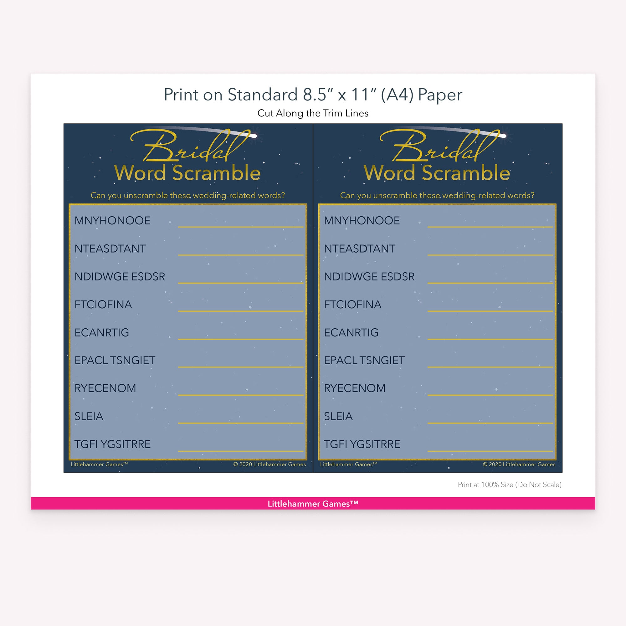 Bridal Word Scramble celestial game cards with printing instructions