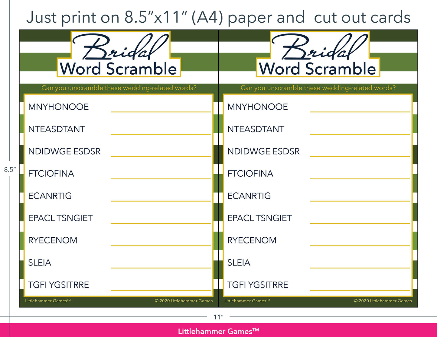 Bridal Word Scramble green-striped game cards with printing instructions