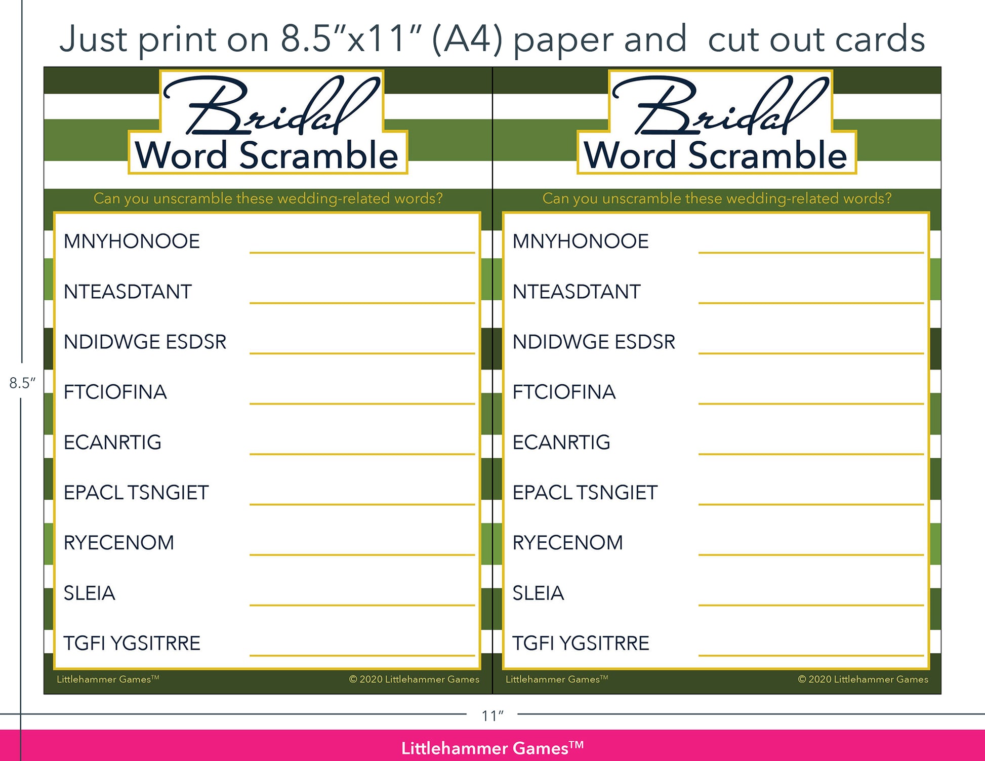 Bridal Word Scramble green-striped game cards with printing instructions