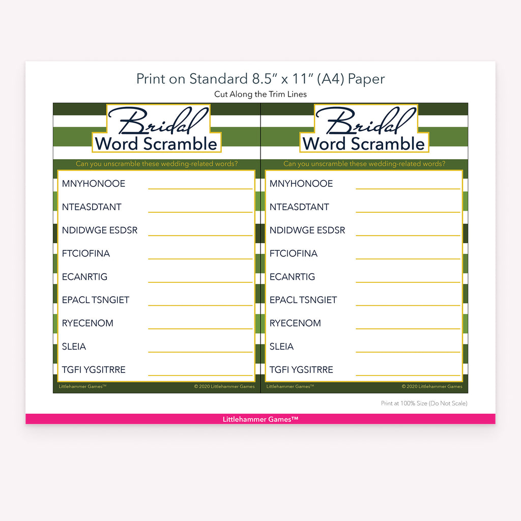 Printable shades of green stripe Bridal Word Scramble game card layout showing US Letter size dimensions and printing information