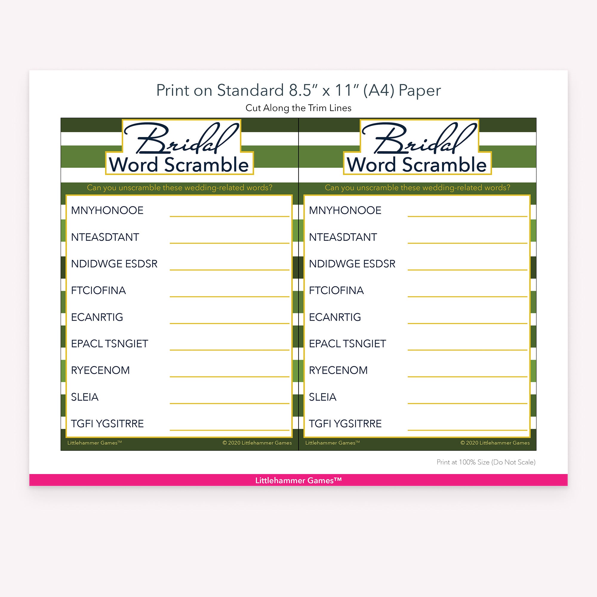Bridal Word Scramble green-striped game cards with printing instructions