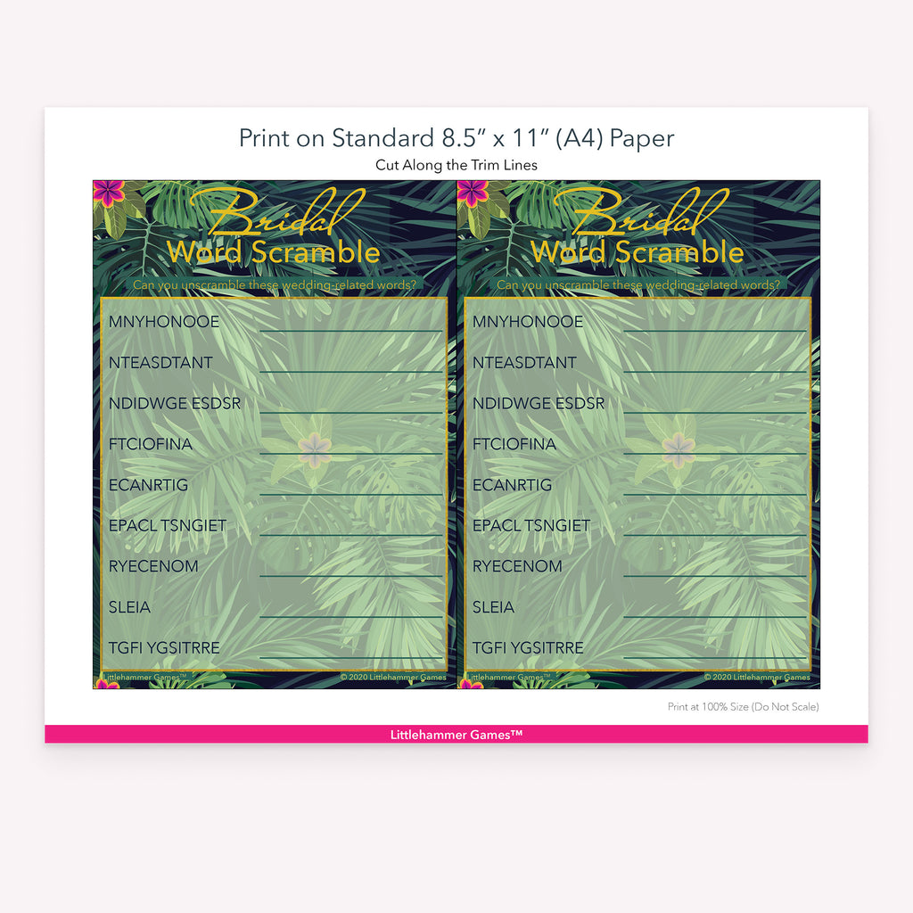 Printable jungle-themed Bridal Word Scramble game card layout showing US Letter size dimensions and printing information