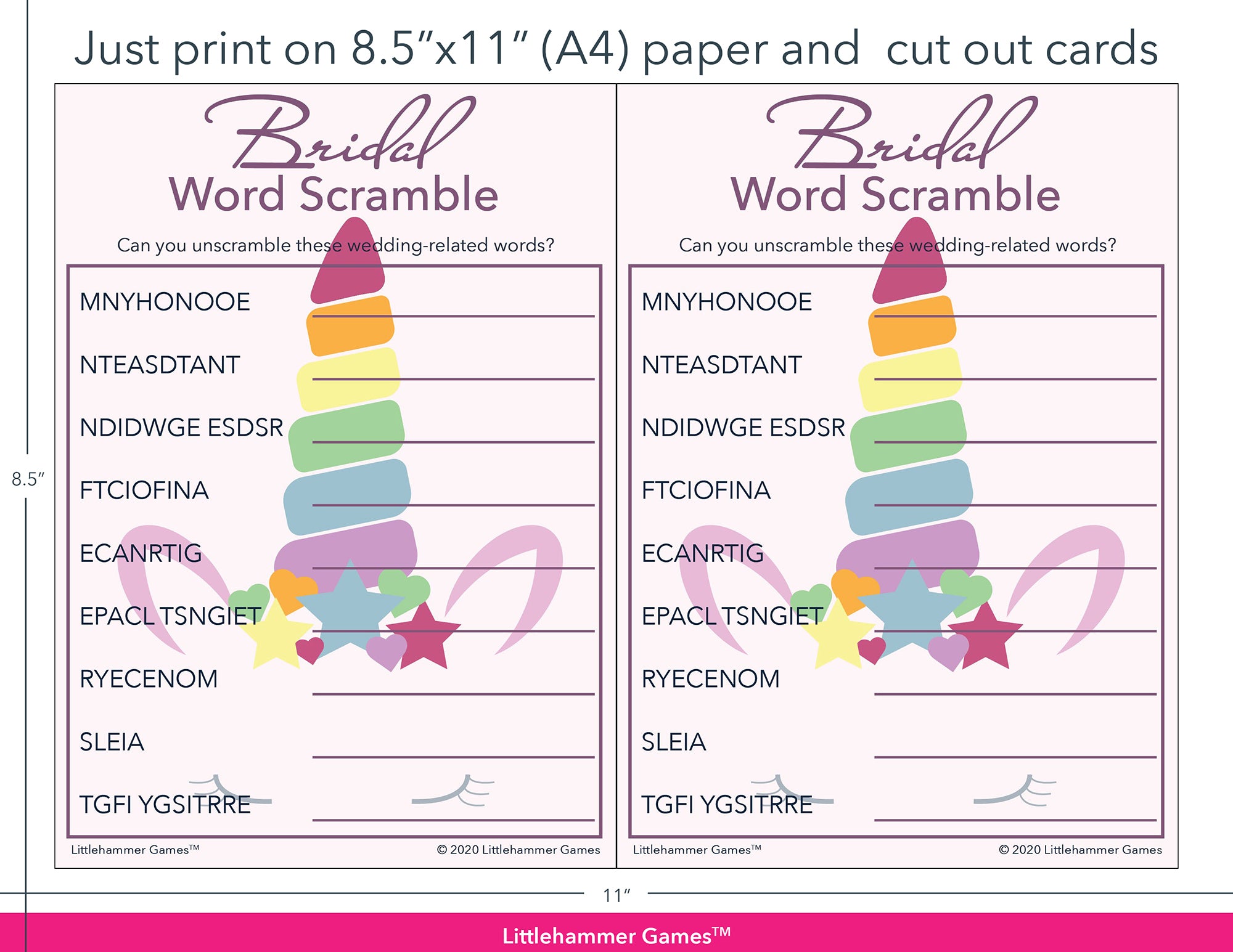 Bridal Word Scramble unicorn game cards with printing instructions
