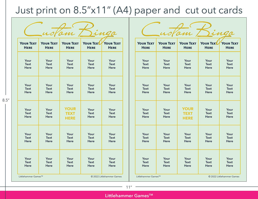 Mint and gold Custom Bingo game cards with printing instructions