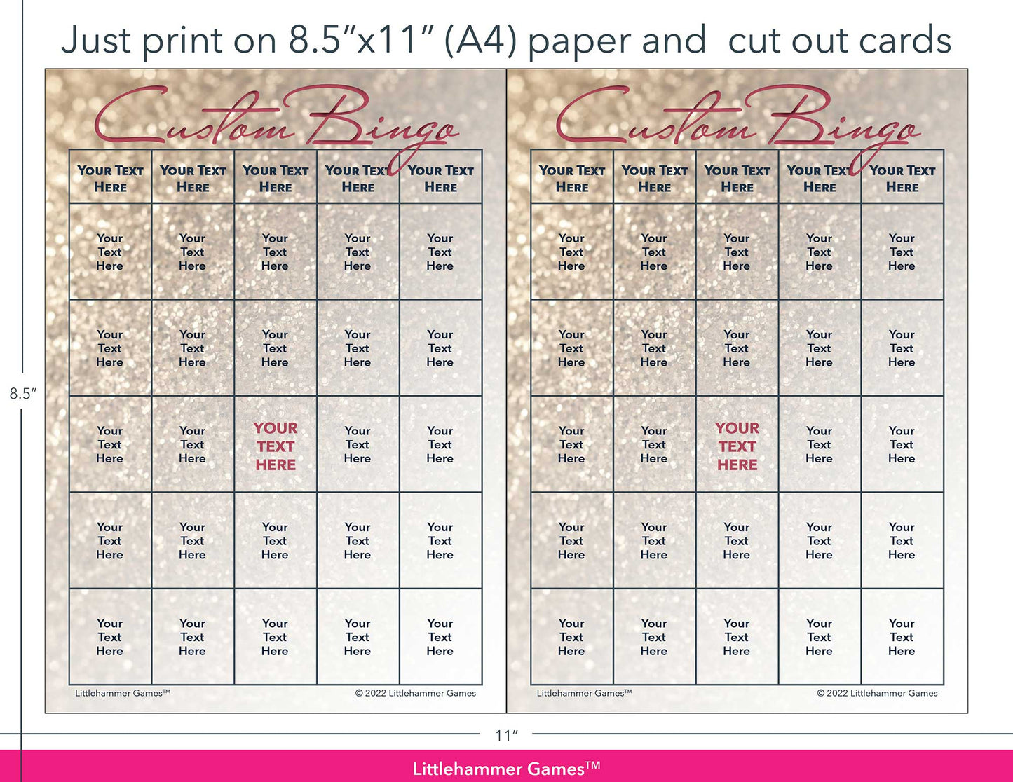 Glittery rose gold Custom Bingo game cards with printing instructions