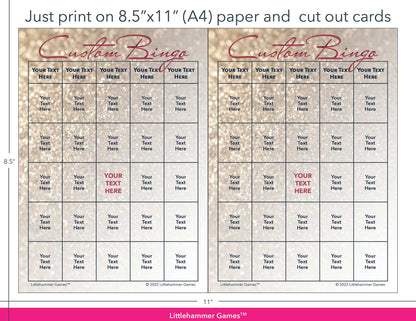 Glittery rose gold Custom Bingo game cards with printing instructions