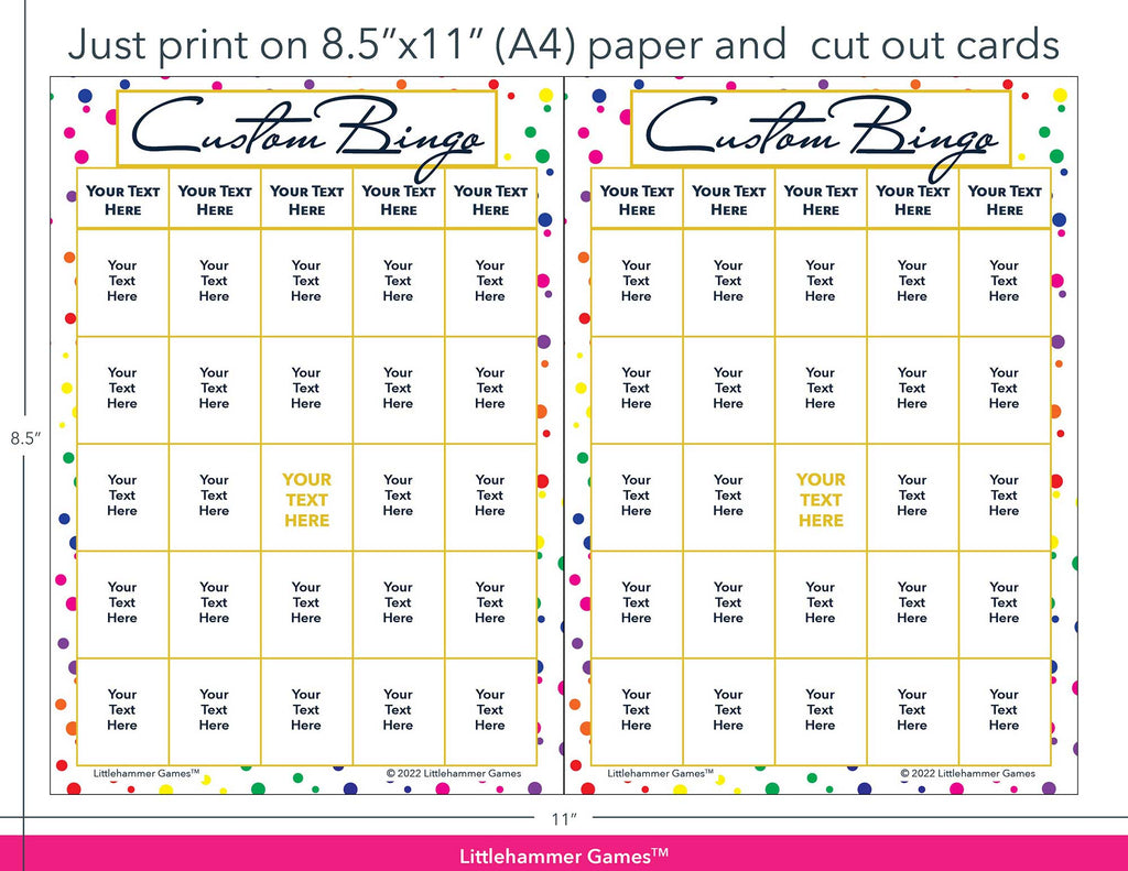 Rainbow polka dot Custom Bingo game cards with printing instructions