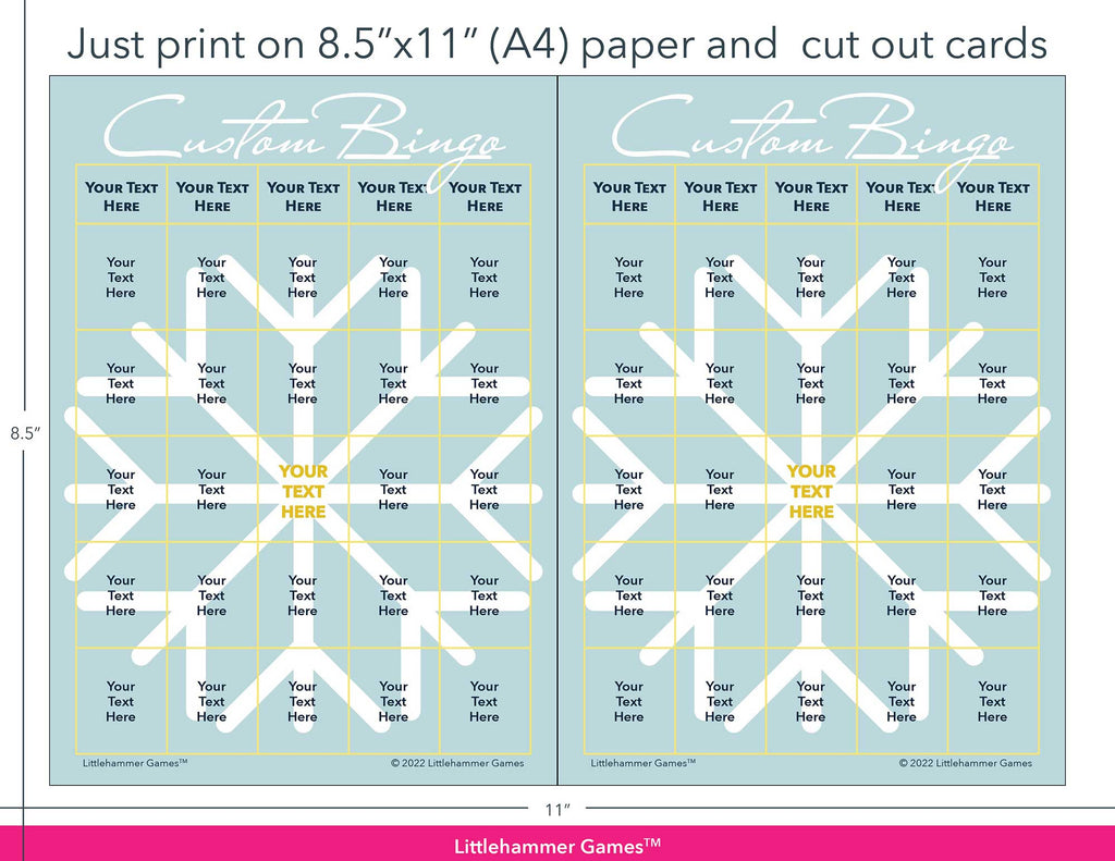 Snowflake Custom Bingo game cards with printing instructions