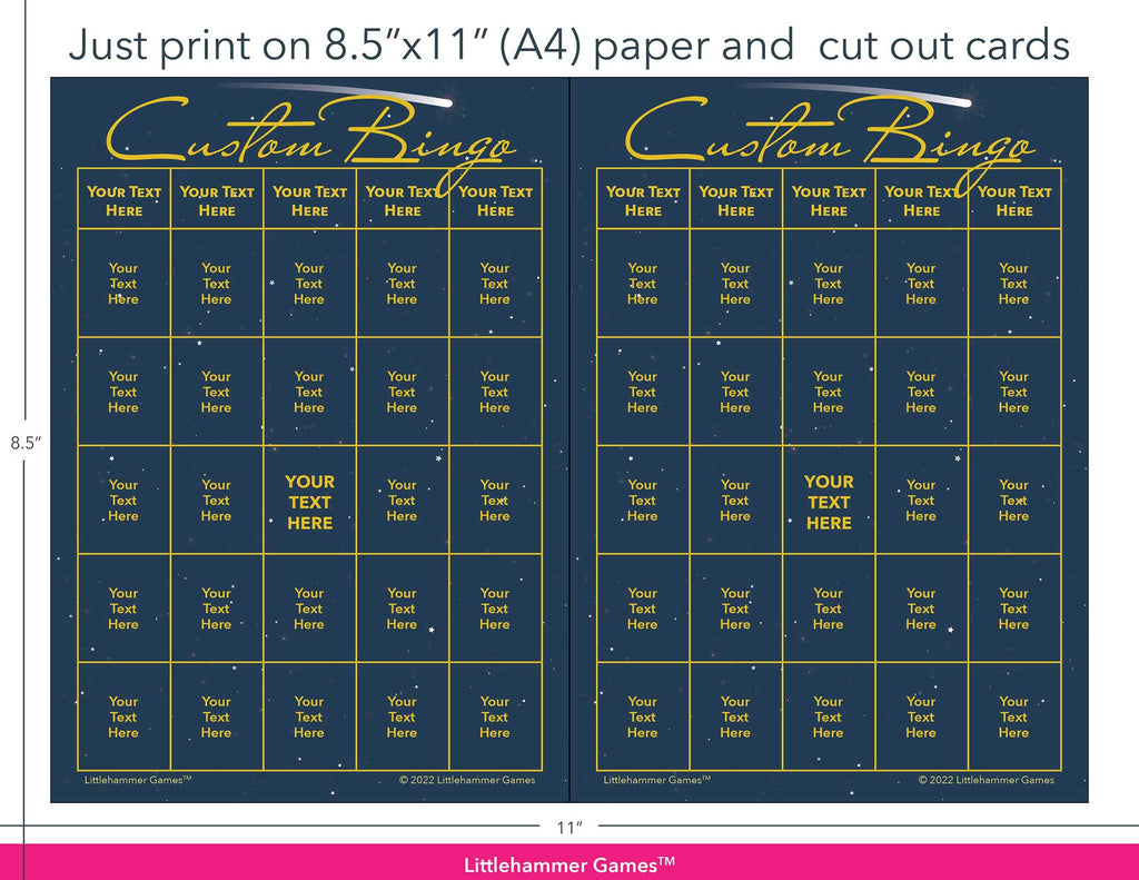 Celestial Custom Bingo game cards with printing instructions