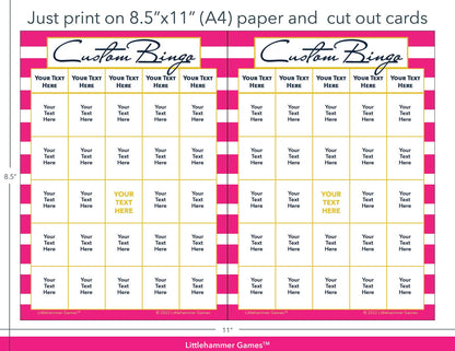 Pink-striped Custom Bingo game cards with printing instructions