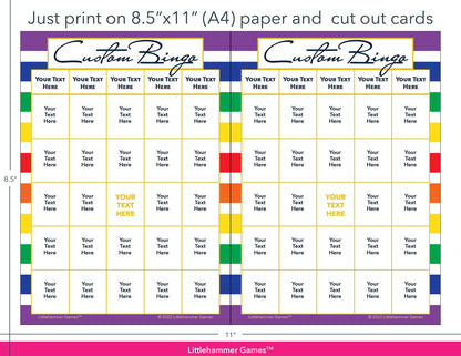 Rainbow-striped Custom Bingo game cards with printing instructions